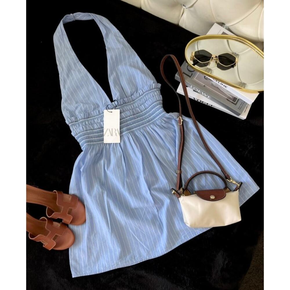 Zara NWT Blue White Plunge Halter Mini Dress M L - Picture 14 of 16
